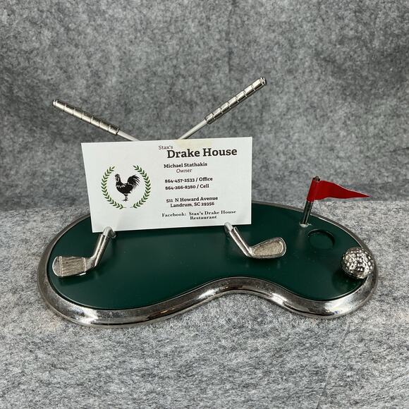 Golf Putting Green Business Card Holder Paper Weight Pin Flag Ball Clubs 785 - Picture 1 of 7
